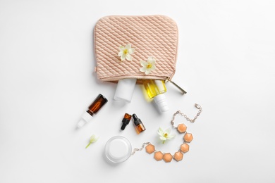 Flat lay composition with cosmetic products on white background