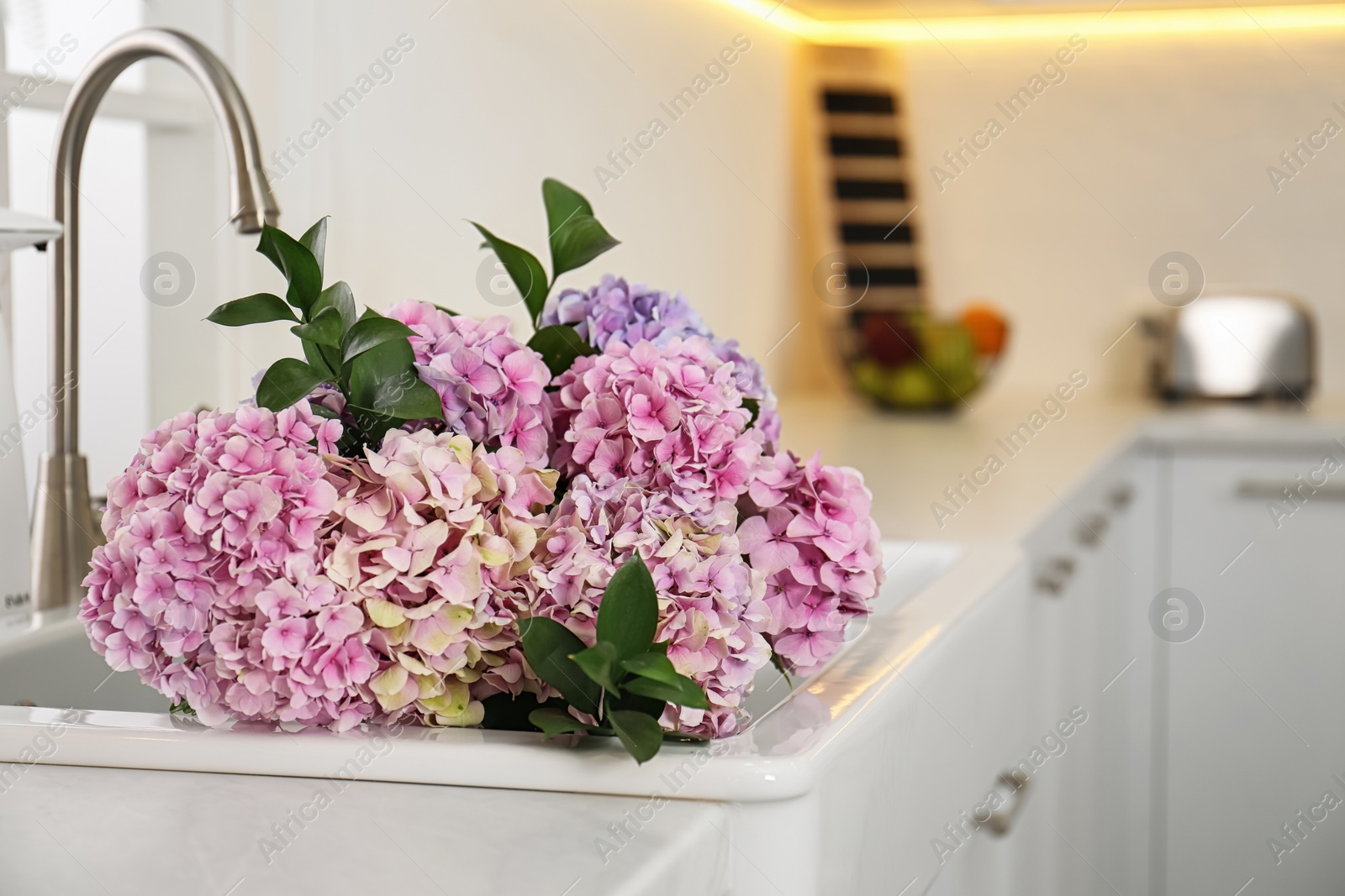 Photo of Bouquet with beautiful hydrangea flowers in sink