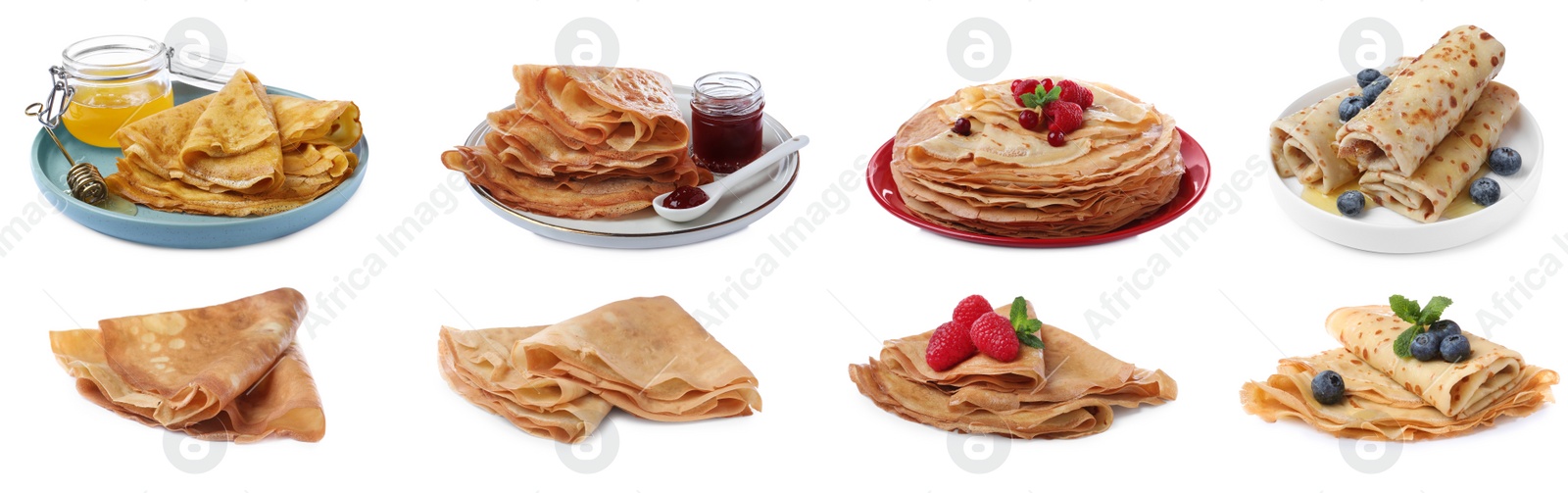 Image of Set of delicious crepes with berries, jam and honey on white background. Banner design