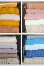 Photo of Many knitted winter clothes stacked on shelves