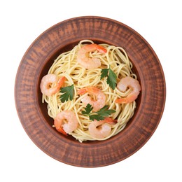 Photo of Tasty spaghetti with shrimps and parsley isolated on white, top view