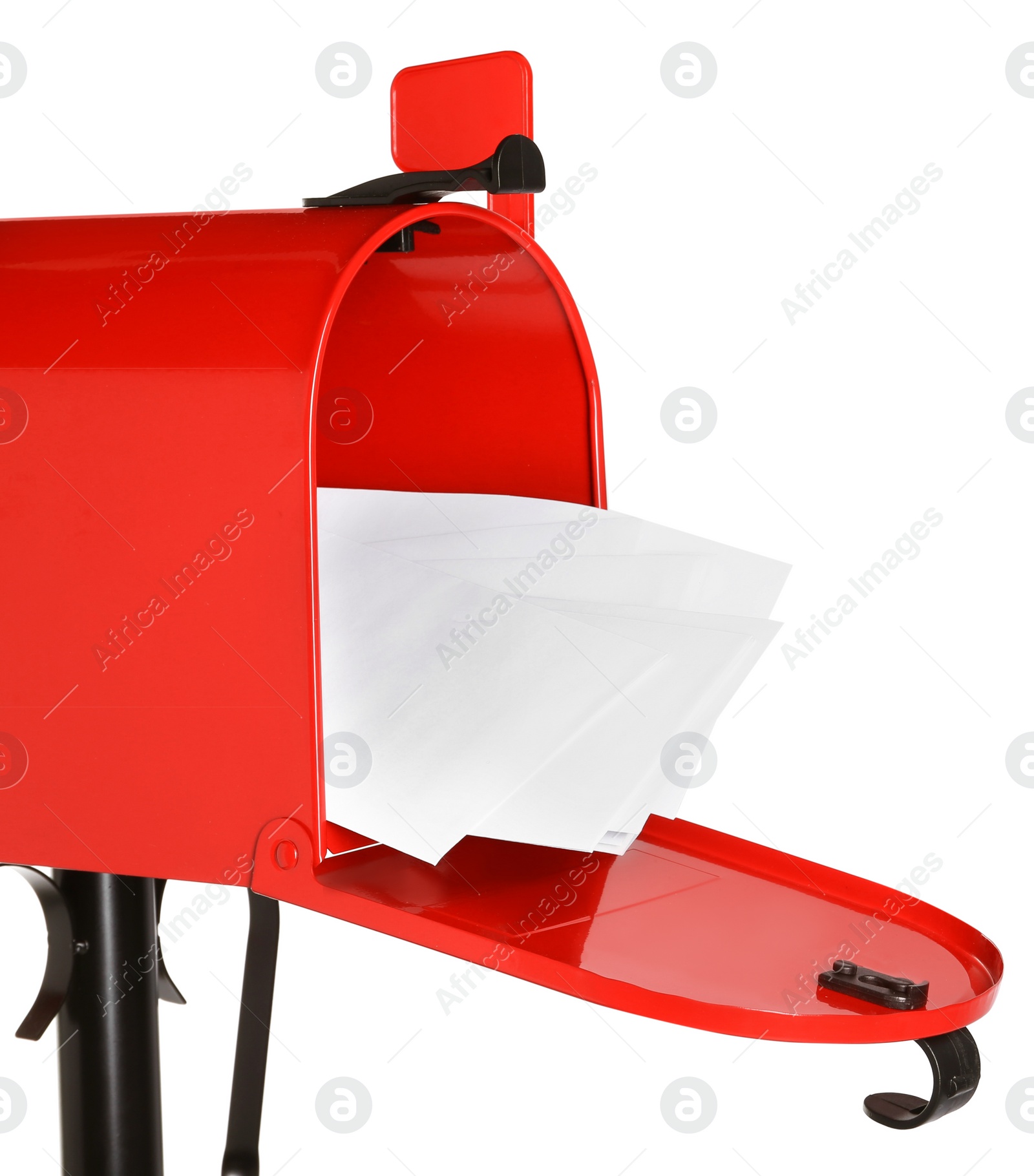 Photo of Red letter box with envelopes on white background