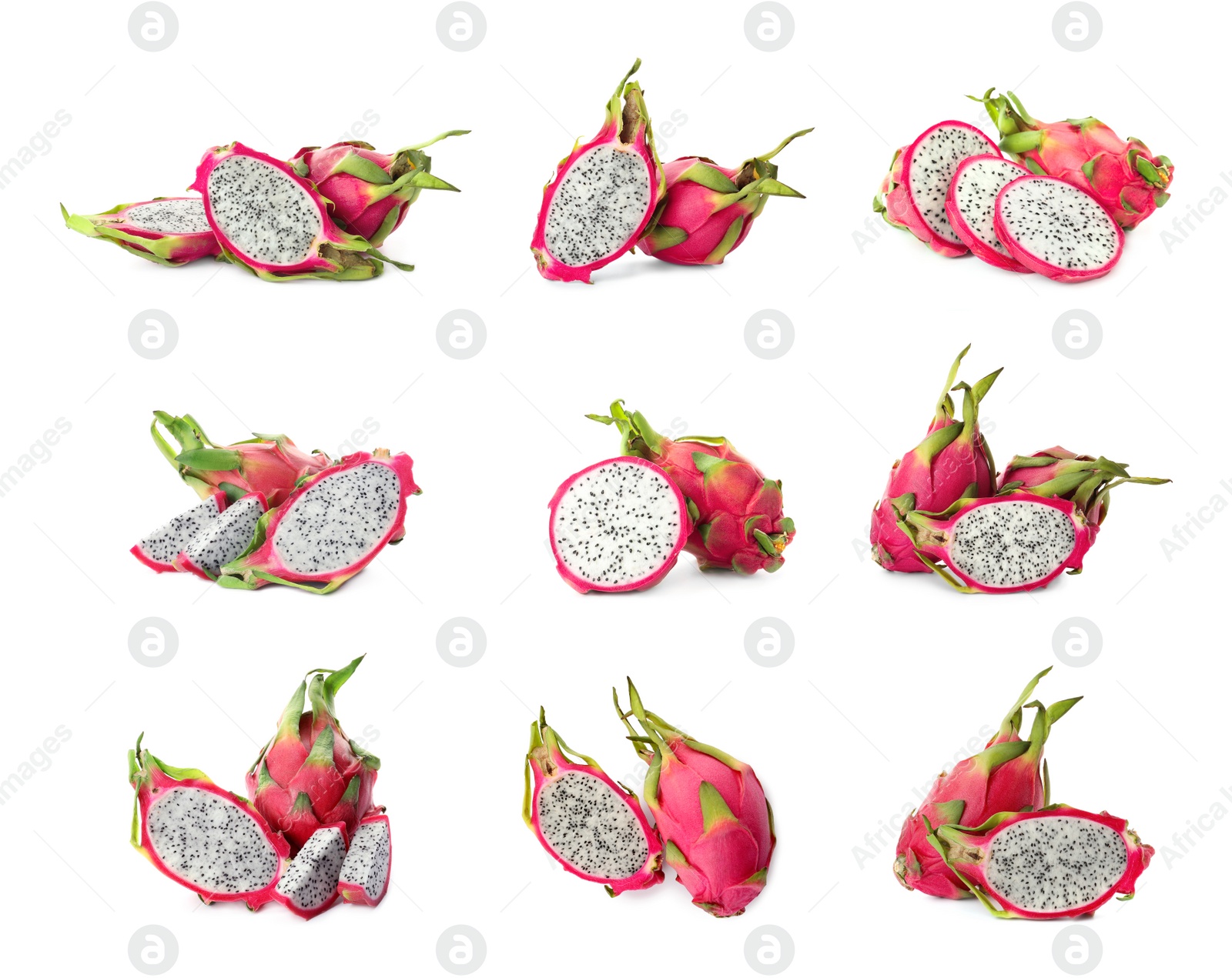 Image of Set with delicious pink dragon fruits (pitahaya) on white background 