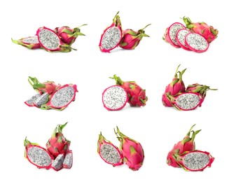 Image of Set with delicious pink dragon fruits (pitahaya) on white background 