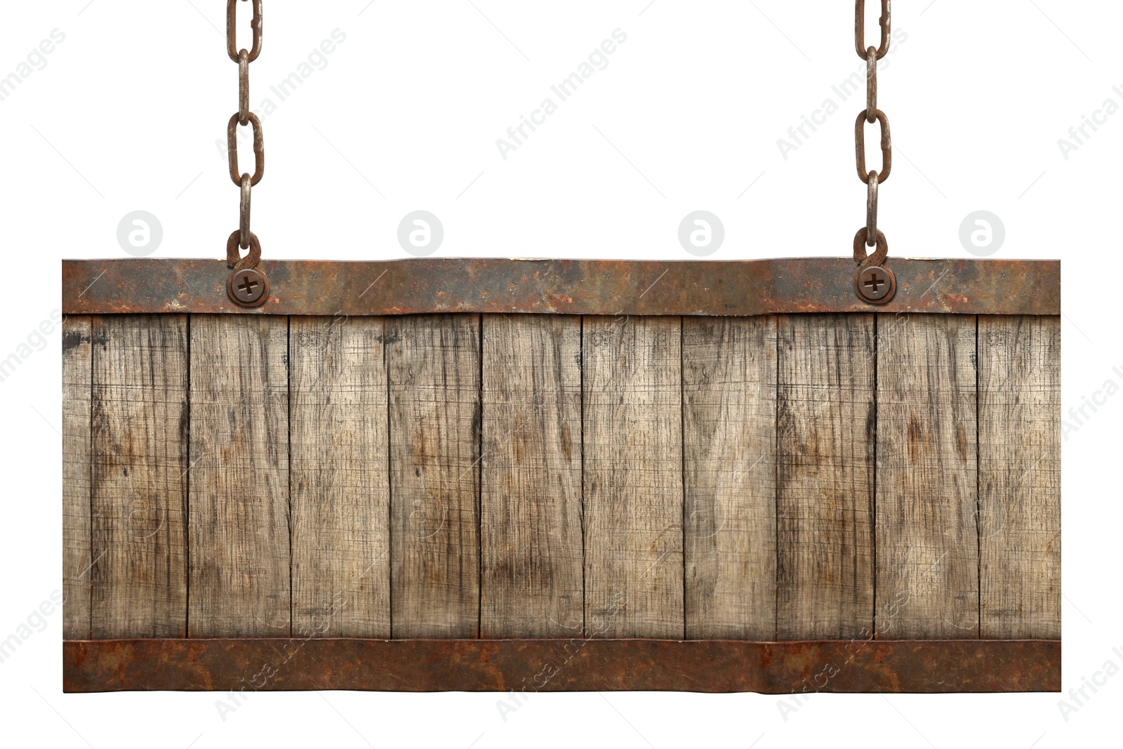 Image of One wooden signboard hanging on metal chain against white background. Space for text