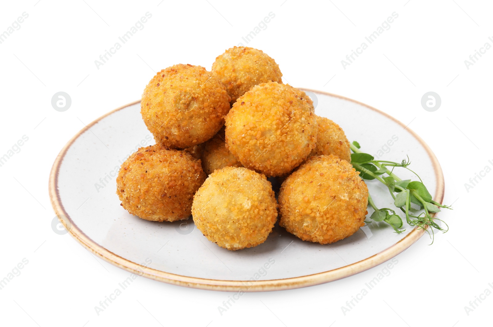 Photo of Plate with delicious fried tofu balls and pea sprouts on white background