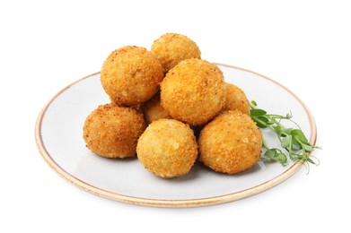 Photo of Plate with delicious fried tofu balls and pea sprouts on white background