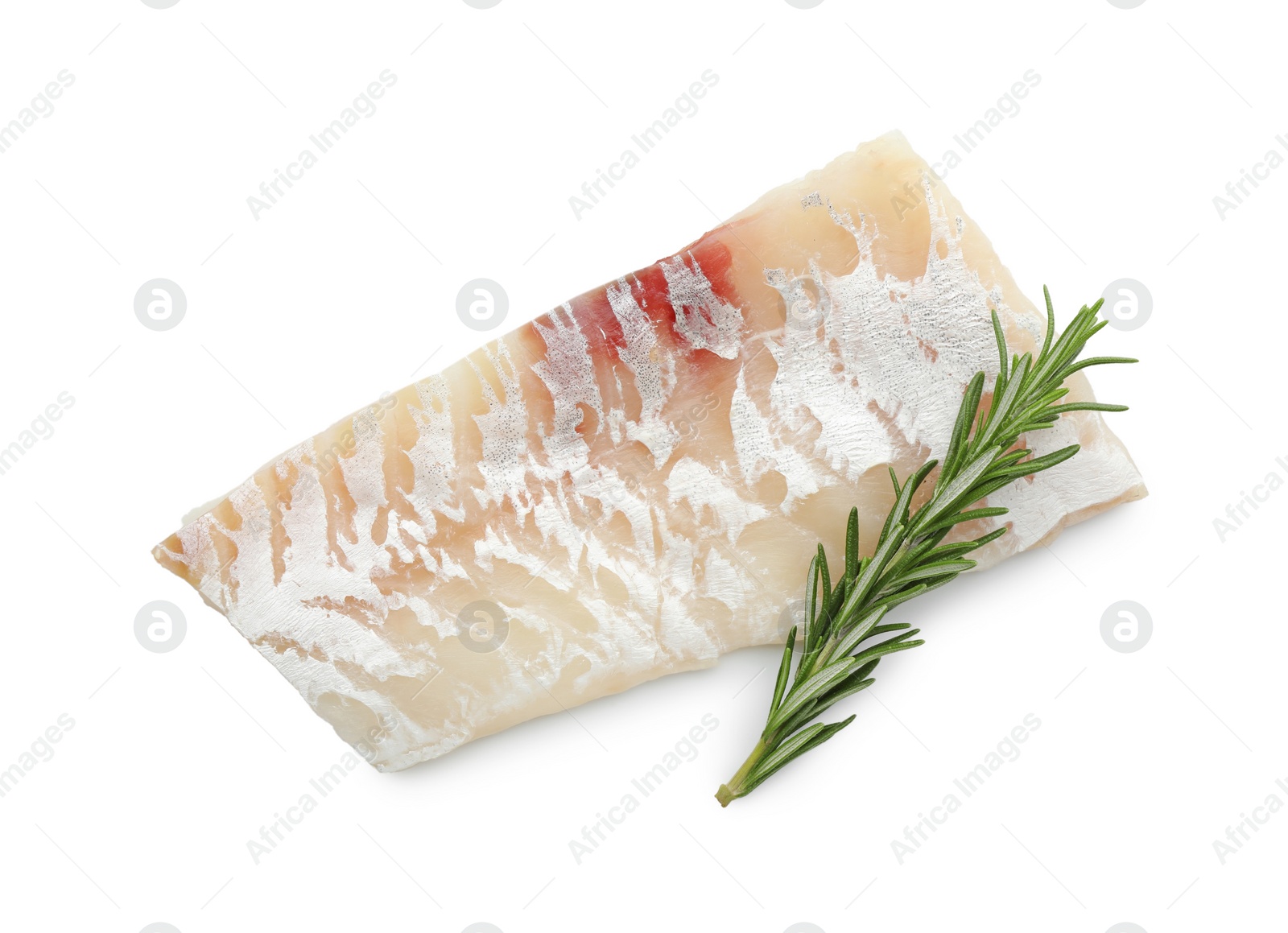 Photo of Fresh raw cod fillet with rosemary isolated on white, top view
