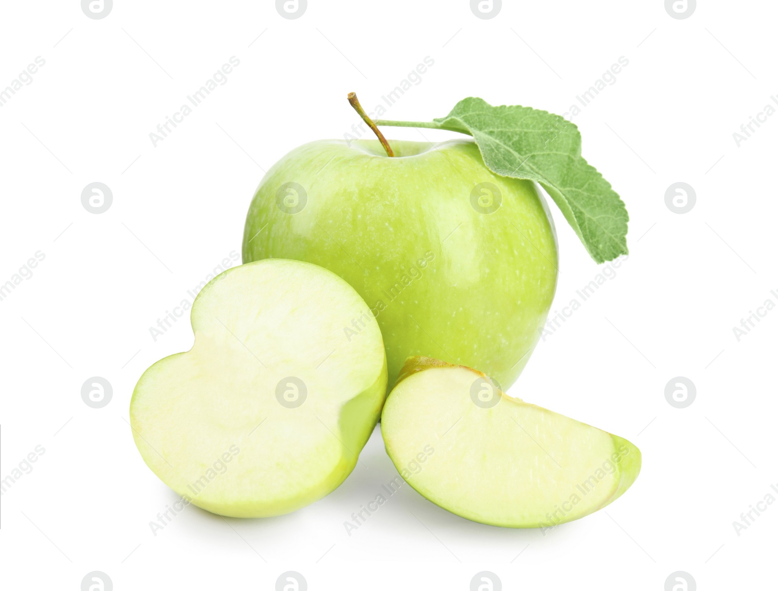 Photo of Fresh ripe green apples with leaf on white background