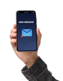 Image of Got new message. Man holding smartphone on white background, closeup