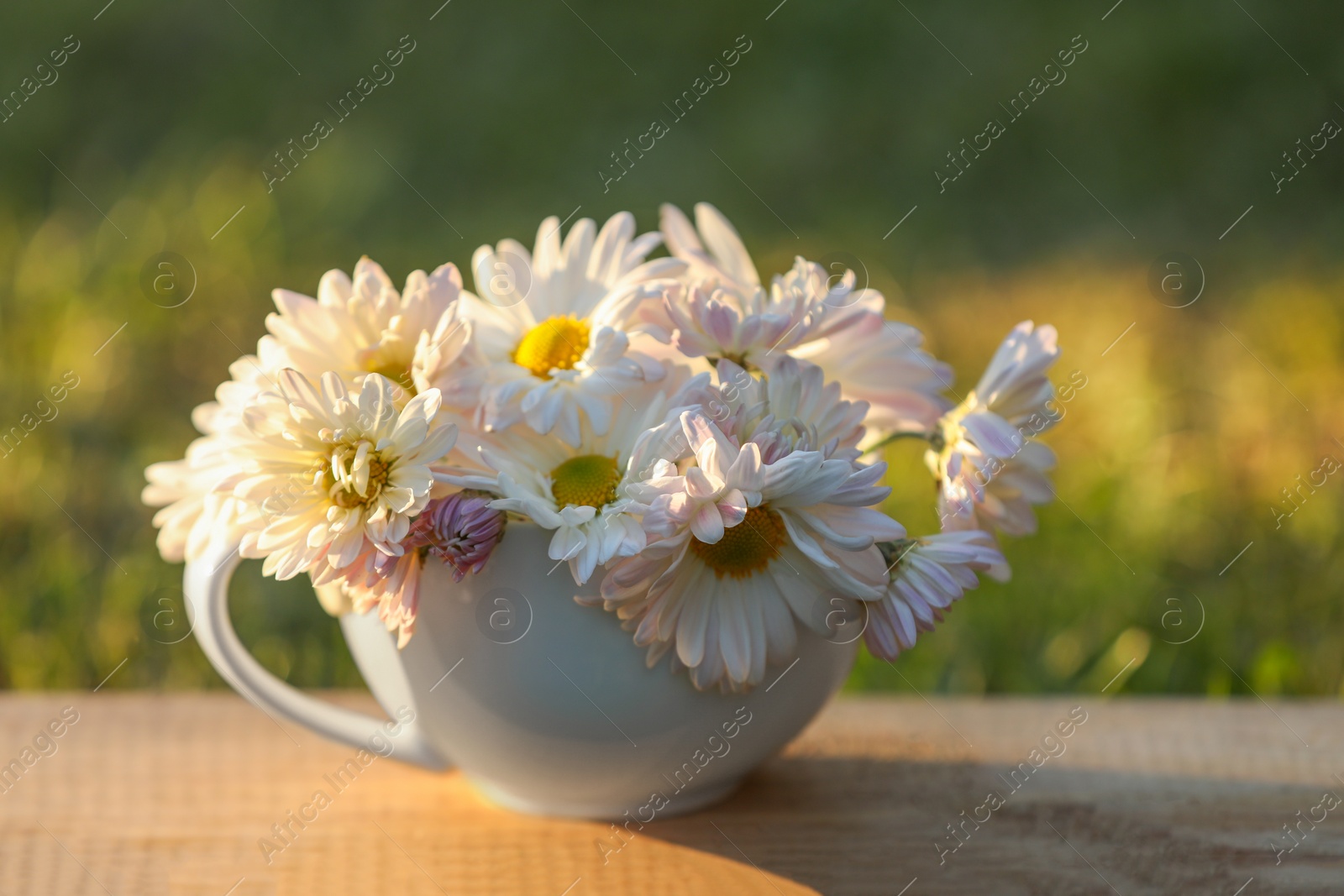 Photo of Beautiful wild flowers in cup on wooden table against blurred background, closeup. Space for text