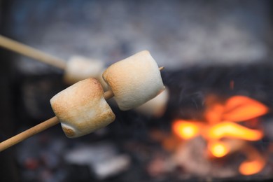 Photo of Delicious puffy marshmallows roasting over bonfire, closeup. Space for text