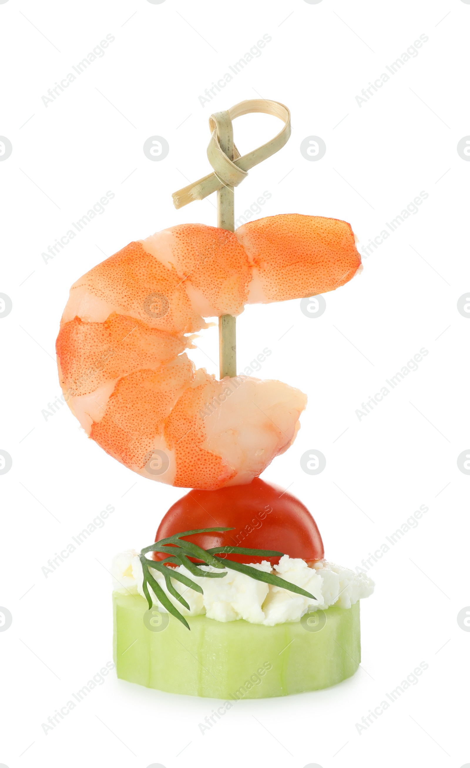 Photo of Tasty canape with shrimp, vegetables and cream cheese isolated on white