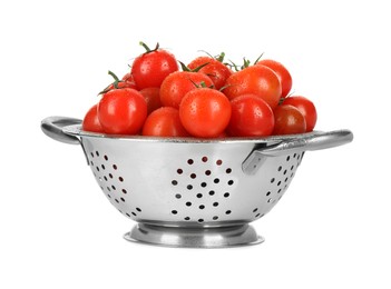 Photo of Colander with fresh ripe cherry tomatoes isolated on white
