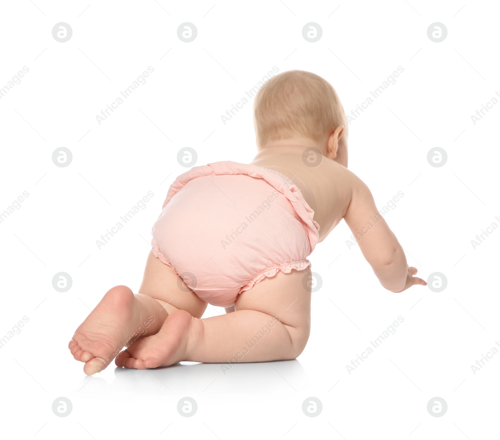 Photo of Cute little baby crawling on white background