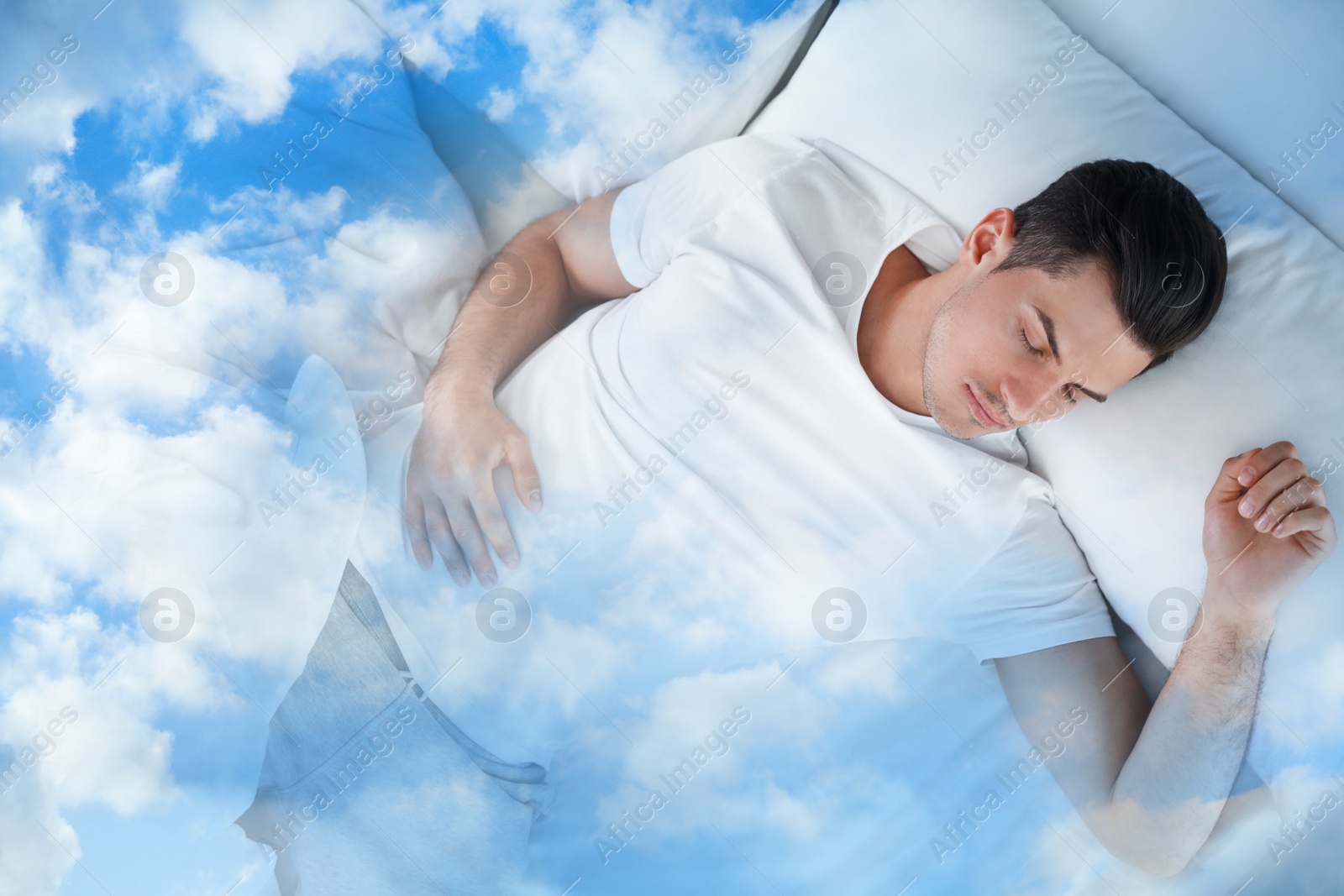 Image of Double exposure of man sleeping in bed and blue sky
