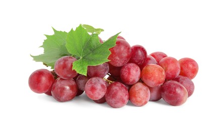 Photo of Cluster of ripe red grapes with green leaves on white background