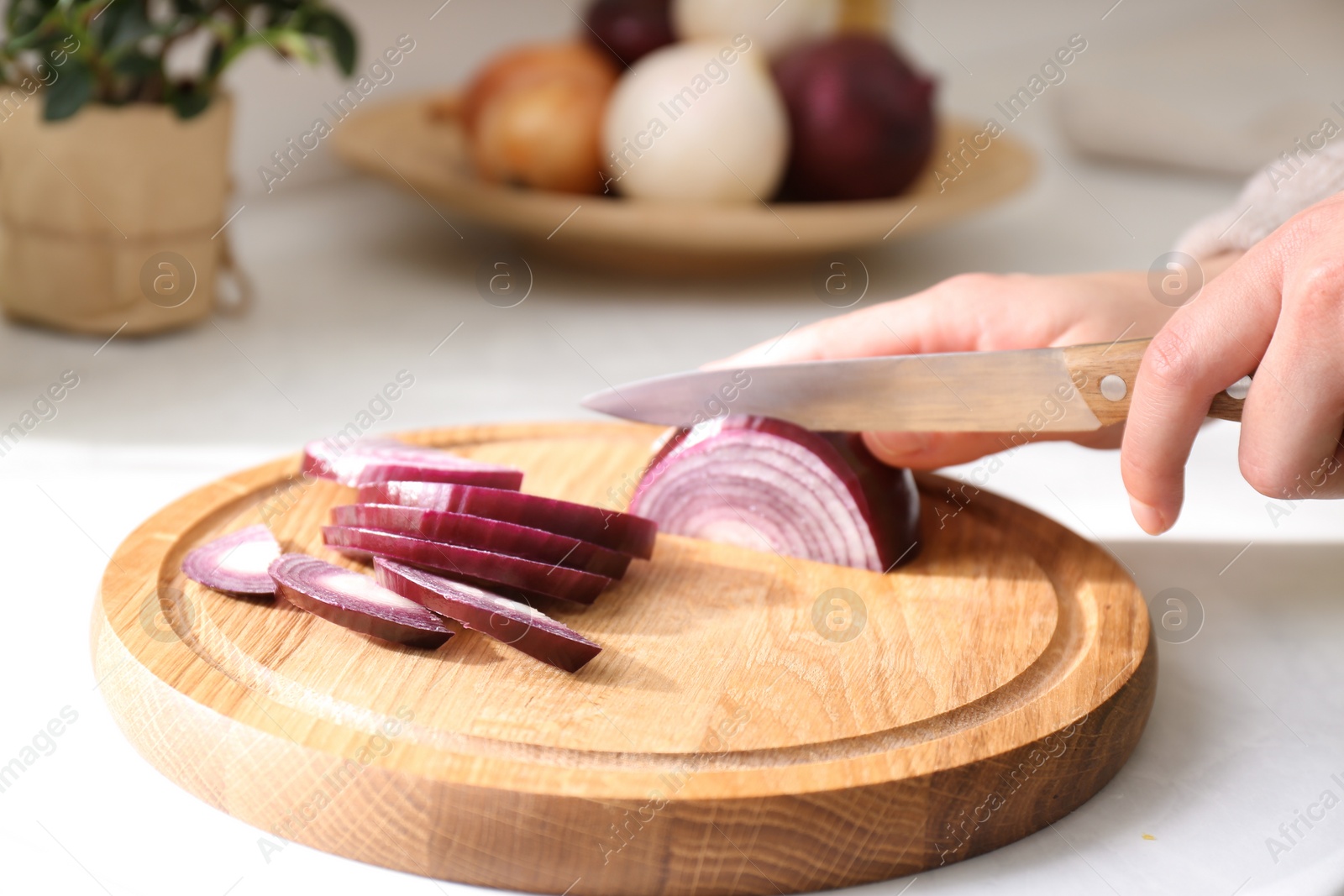 Photo of Woman cutting red onion into slices at countertop in kitchen, closeup