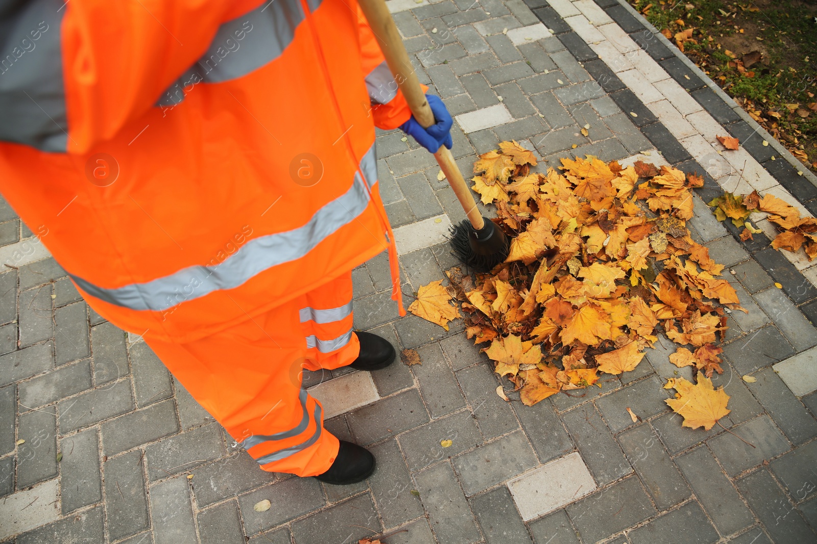 Photo of Street cleaner sweeping fallen leaves outdoors on autumn day, closeup