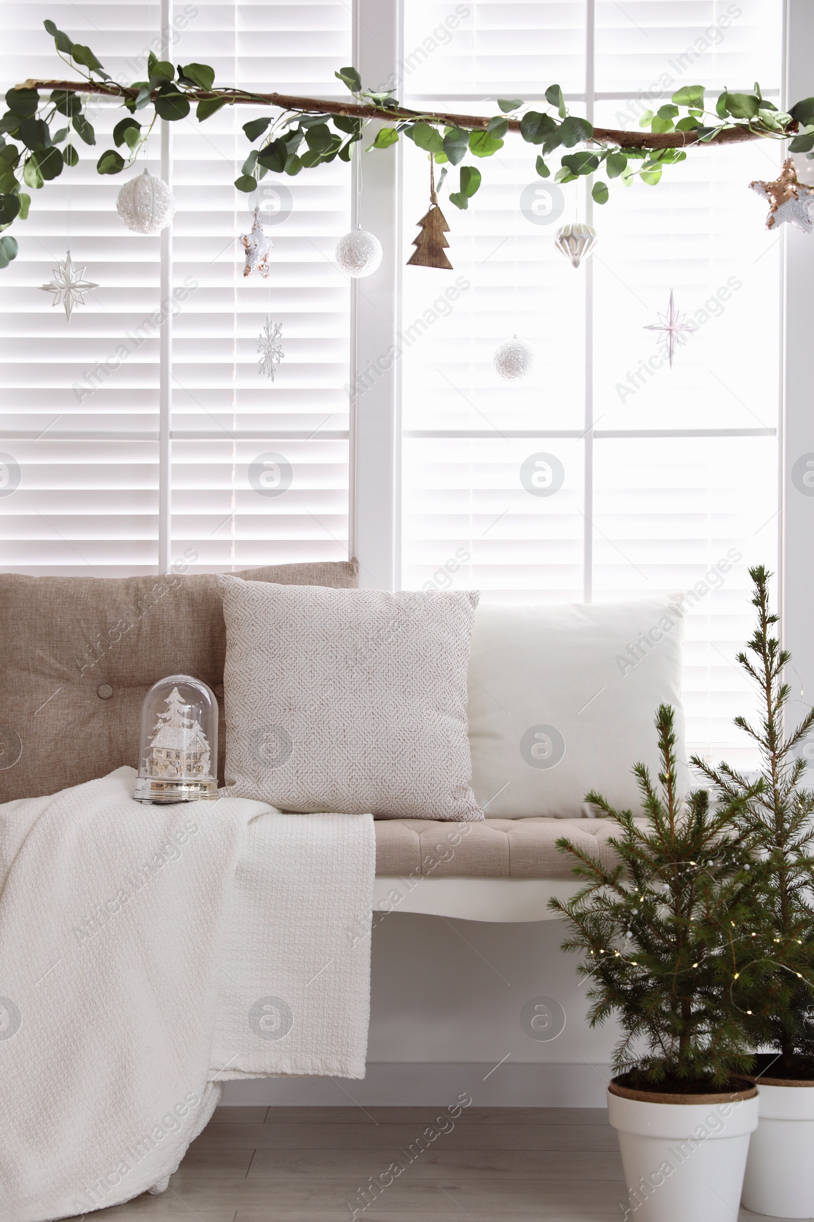 Photo of Beautiful room interior decorated for Christmas with potted firs