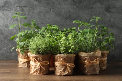 Different aromatic potted herbs on wooden table