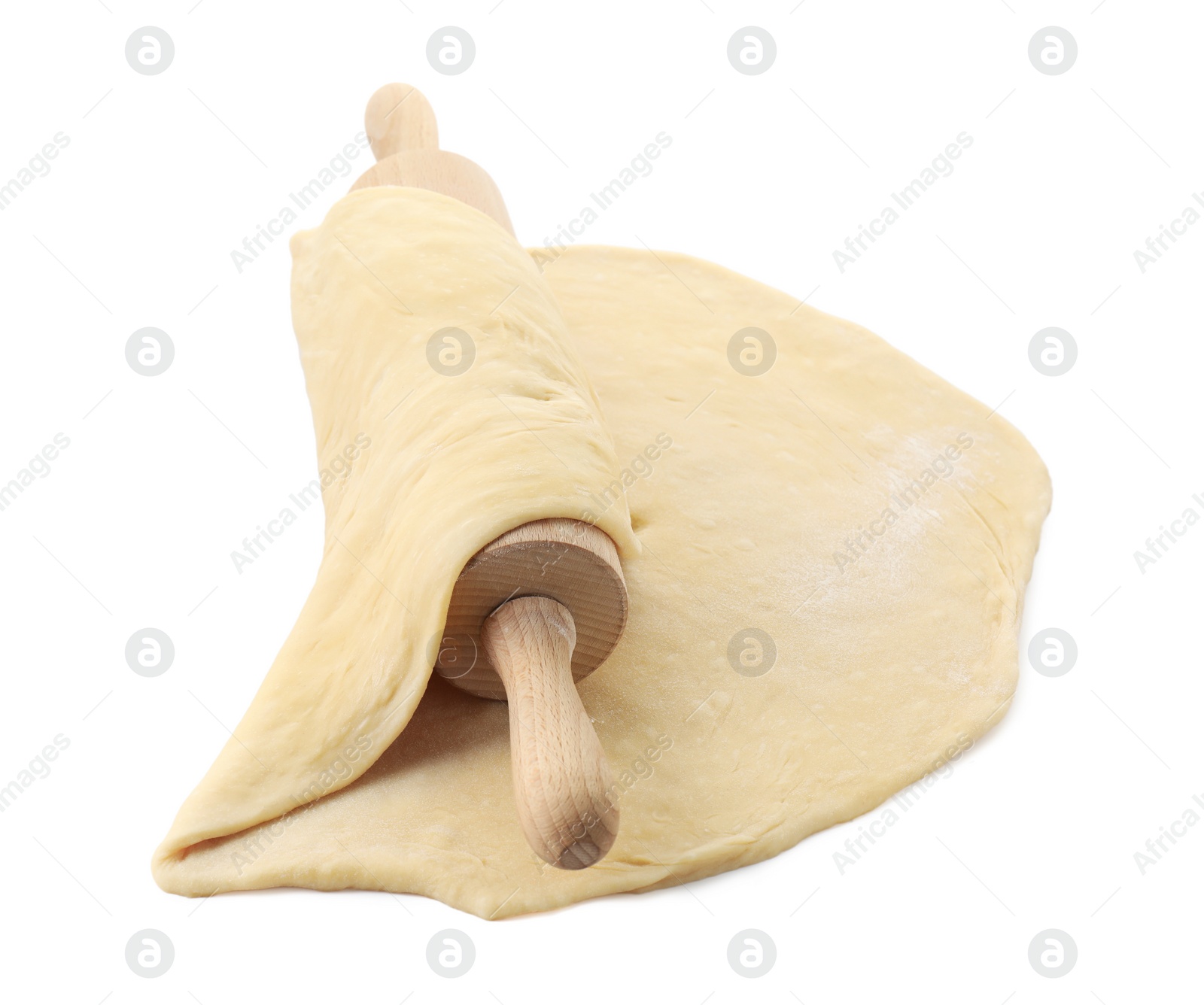 Photo of Raw dough and rolling pin isolated on white