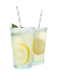 Photo of Natural lemonade with mint on white background. Summer refreshing drink
