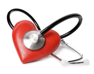 Photo of Red heart and stethoscope on white background. Cardiology concept