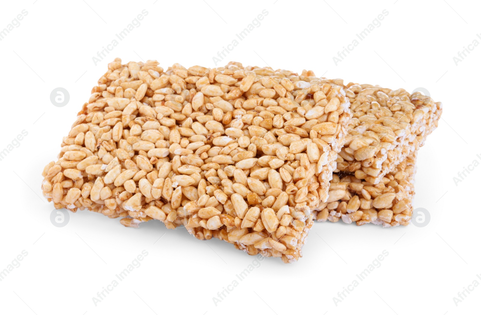 Photo of Delicious rice crispy treats on white background