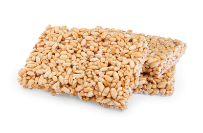 Photo of Delicious rice crispy treats on white background