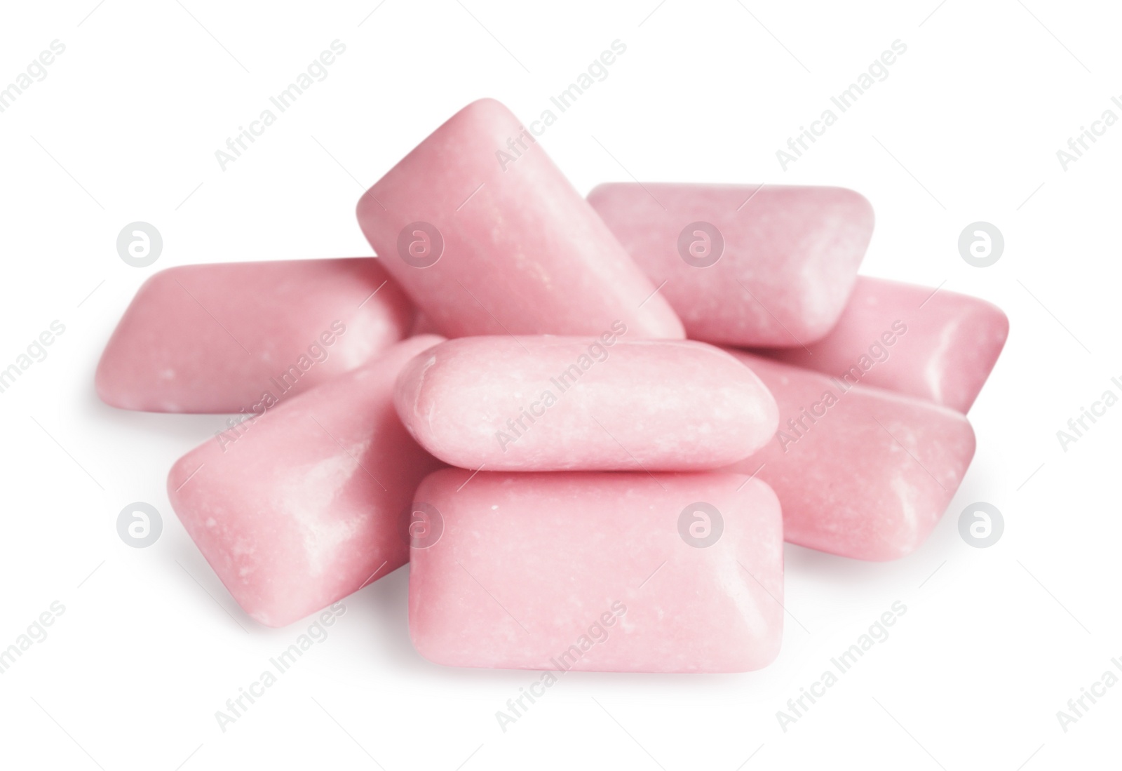 Photo of Heap of tasty sweet chewing gums on white background