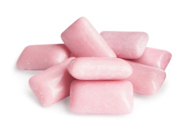 Photo of Heap of tasty sweet chewing gums on white background