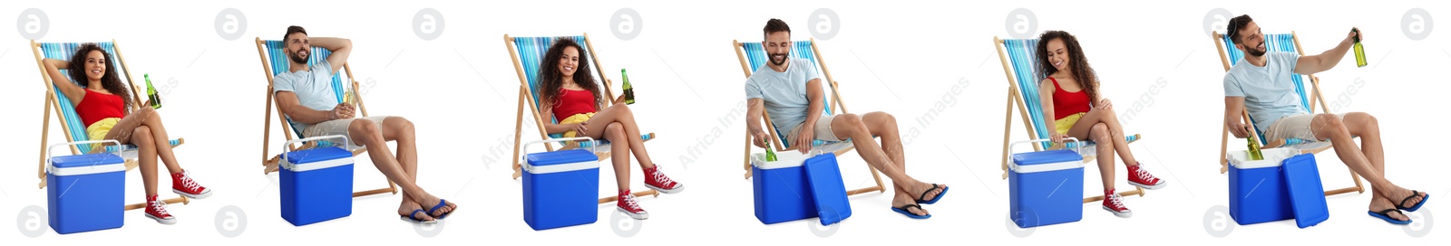 Image of Collage with photos of people resting in deck chairs near cool boxes on white background. Banner design