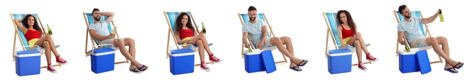 Image of Collage with photos of people resting in deck chairs near cool boxes on white background. Banner design