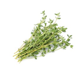 Bunch of aromatic thyme on white background, top view. Fresh herb