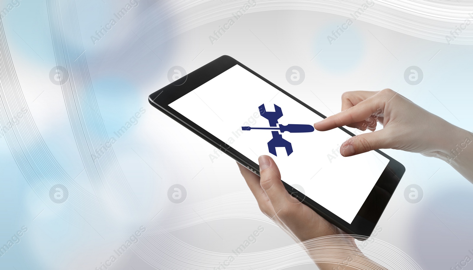 Image of Woman using tablet on color background, closeup. Technical support 