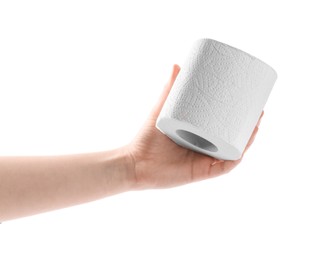 Photo of Woman holding toilet paper roll on white background, closeup