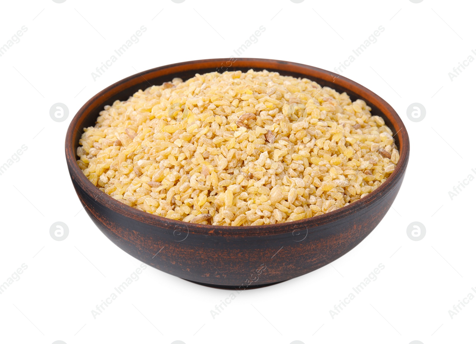 Photo of Raw bulgur in bowl isolated on white