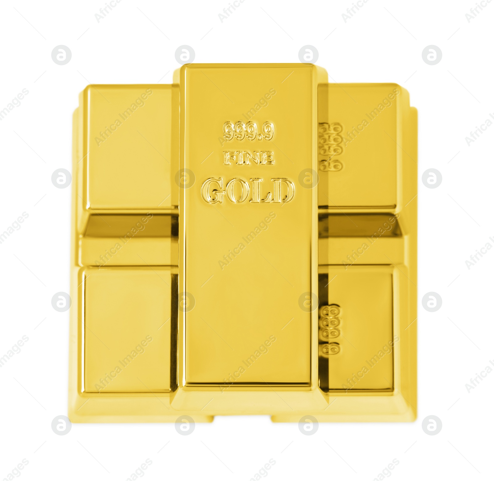 Photo of Stack of shiny gold bars isolated on white, top view