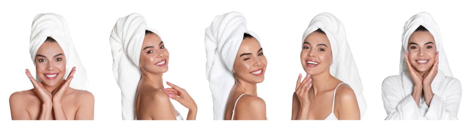 Collage with photos of beautiful young woman with towels on white background. Banner design