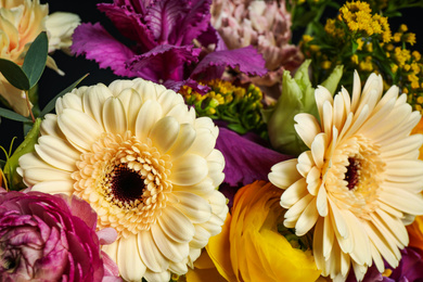 Beautiful fresh bouquet as background, closeup. Floral decor