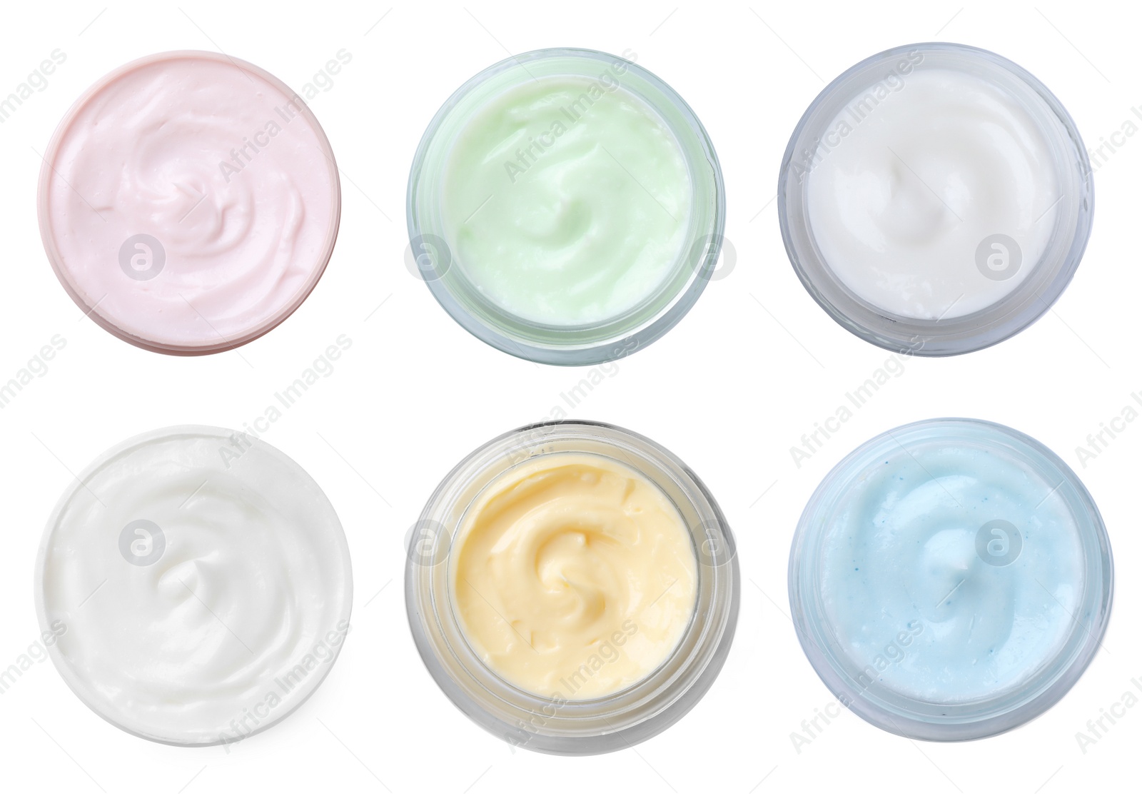 Image of Set with jars of body cream on white background, top view