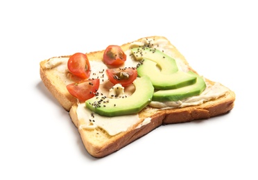 Photo of Tasty toast with avocado, cherry tomato and chia seeds on white background