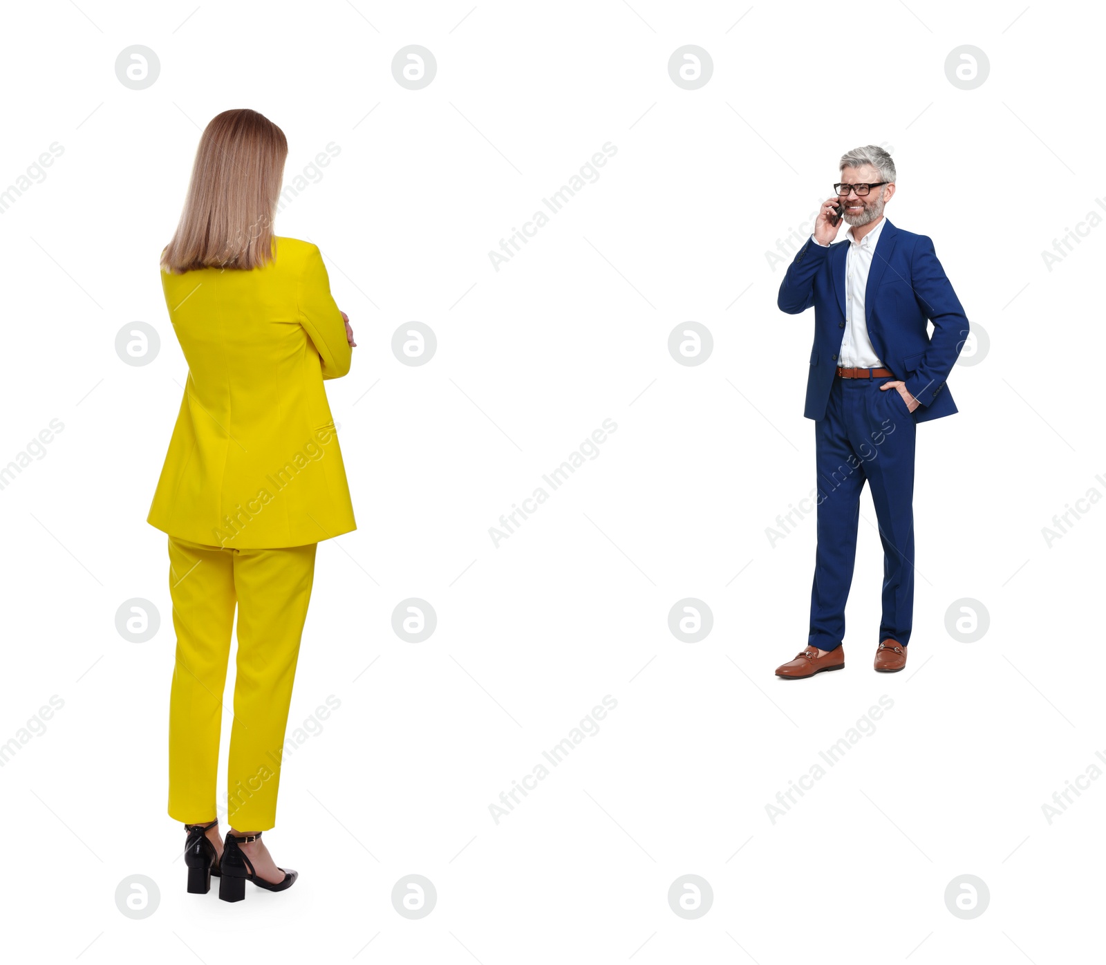 Image of Giant woman and small man on white background