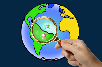 Image of Woman with magnifying glass and illustration of Earth, closeup. Coronavirus outbreak