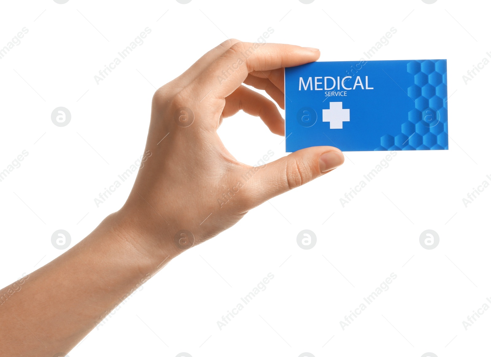 Photo of Woman holding business card isolated on white, closeup. Medical service