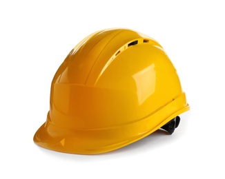 Photo of Hard hat on white background. Construction tools