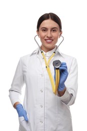 Doctor with stethoscope on white background. Cardiology concept