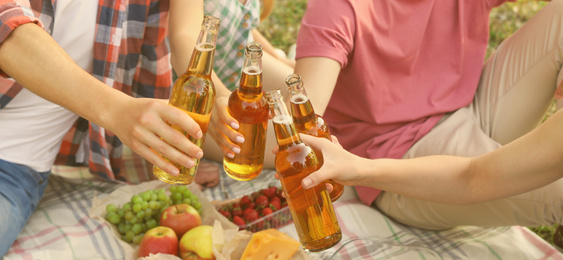 Young people enjoying picnic in park on summer day, closeup. Banner design