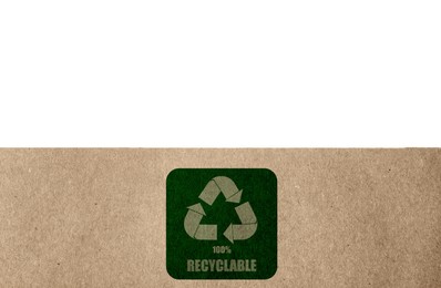 Image of Paper bag with recycling symbol on white background. Eco friendly package